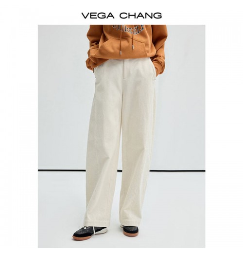 VEGA CHANG Cream-Coloured Loose Slim Cotton Corduroy WideLeg Casual Pants VEGA CHANG Cream-Coloured Loose Slim Cotton Corduroy WideLeg Casual Pants