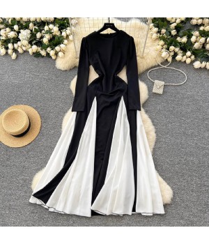 YM6159 New 2024 Autumn Chic Black White Color Long Sleeve Midi Dress Women's Elegant Dresses Clothing 11